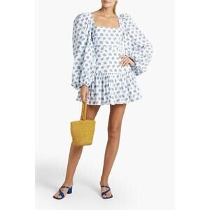 Caroline Constas Blue and White Julian Mini Dress Puffy Sleeves Women’s Size L